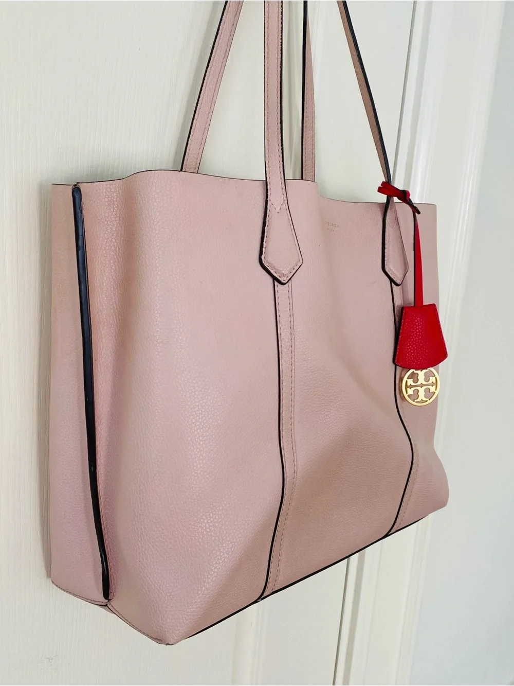 $398 Tory Burch Perry Grey Pebble Leather Triple Compartment Tote/Shoulder Bag